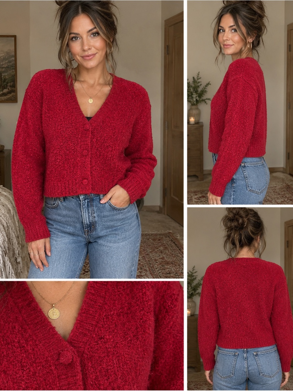 Lumiere Vibrant Red Fuzzy Button-Front Cardigan